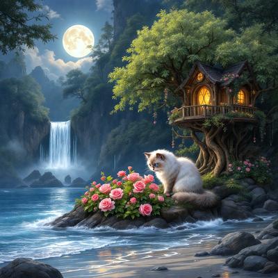 Primary subject: A white cat sitting on a rock in front of a house.

Setting/background: The cat is sitting on a rock near a waterfall, with a house in the background. The scene is set in a forest, with a moon visible in the sky.

Visual style: The image is a digital art illustration.

Colors and mood: The image has a warm and serene atmosphere, with the white cat as the main focal point. The forest setting and the presence of the moon create a sense of tranquility and beauty.